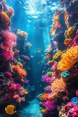 Vibrant coral reef, marine life abundance, deepsea mystery, ethereal lighting