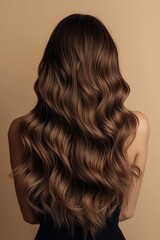 Fototapeta premium Wavy brunette hair, shot from behind, soft studio lighting, neutral beige background, elegant shine