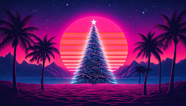 a vapourware inspired neon christmas tree with palm trees to the sides