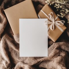 Blank greeting card nestled amidst kraft gift boxes and dried flowers on a burlap backdrop. Perfect for showcasing your designs or holiday messages.