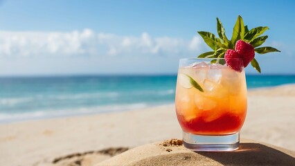 Refreshing cocktail with raspberries on the sandy ocean beach. Concept of vacation and travel to tropical countries