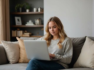 A young woman works at a laptop while sitting on the sofa. Working mom. Student on distance learning.