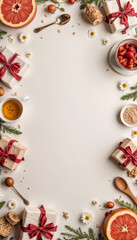 Festive food arrangement with gifts, fruits, and decorations on a light backdrop