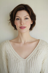 Fototapeta premium Elegant Close-Up Portrait of a Beautiful Woman in a Cozy Knit Sweater, Capturing Timeless Style and Effortless Confidence in a Warm, Minimalist Indoor Setting