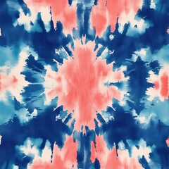Vibrant Abstract Textile Pattern with Bold Hues of Coral and Blue, Perfect for Modern Interior Design or Fashion Applications, Showcasing Fluid Brush Strokes and Symmetrical Design