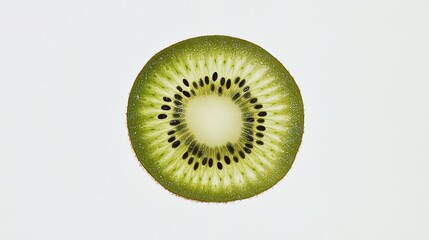 Kiwi slice showing seeds and texture on white background.