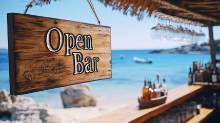 Rustic wooden sign announcing an open bar against the backdrop of a pristine tropical beach, turquoise ocean, and charming beach bar.  Inviting and idyllic. 