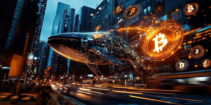 A futuristic scene showing a giant holographic whale hovering over a financial district, with Bitcoin symbols projected around it, representing its control over cryptocurrency markets.