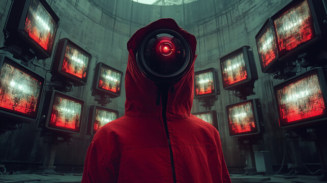 Mysterious figure in red hoodie surrounded by surveillance monitors in cyberpunk setting, dramatic lighting with green and red tones. Concept of surveillance, technology, and digital dystopia