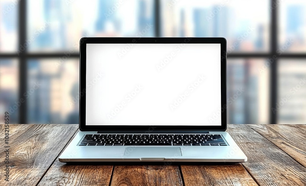 Fototapete modern computer,laptop with blank screen on wood table with office window view background , isolated