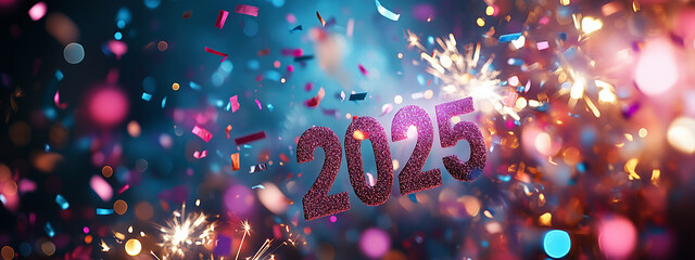 Festive New Year 2025 Celebration Scene With Sparklers And Confetti