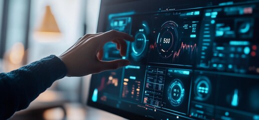 Hand interacting with a computer screen displaying data graphs, charts, and other technical information.
