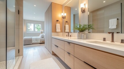 Fototapeta premium A contemporary bathroom with a vanity sink and a large mirror, built-in cabinets and wall lamps give the room a clean and modern look.