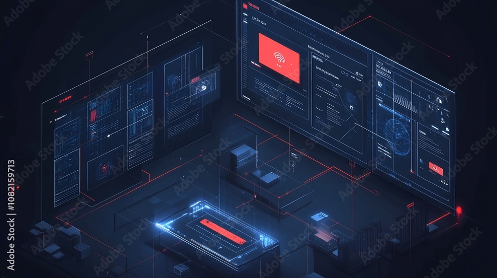 Leinwandbilder Isometric illustration of a digital device with multiple screens displaying data and connected through network.