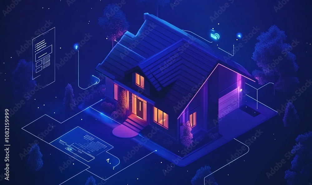 Poster Isometric illustration of a smart house with glowing lines and icons representing connected devices.