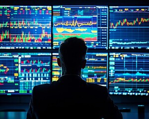 Businessperson Reviewing Dynamic Market Data On Multiple High Tech Screens