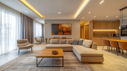 Fototapeta premium A living room with a large light brown sofa, a wooden table and additional chairs. The walls are decorated with modern art, creating a friendly and warm atmosphere.