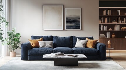 A living room with a dark blue sofa, a marble coffee table and a light-colored carpet. The walls are decorated with art and a bookshelf. Add elegance and style