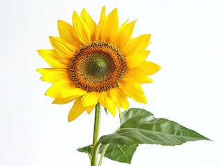 Fototapeta premium Bright sunflower with green leaves on white background.