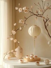 Elegant Mid-Autumn Festival e-commerce design, minimalist Chinese elements, soft gold and white, clean layout ,generative ai