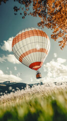 Fototapeta premium A hot air balloon is flying over a field of grass