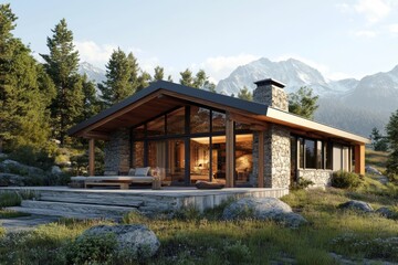 Modern cozy chalet nestled in the mountains offers stunning views and tranquil ambiance for relaxation year-round