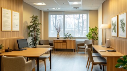 Fototapeta premium A medical consultation room in a clinic decorated with wooden tables and comfortable chairs. The walls are decorated with health information and floor lamps to create relaxation.