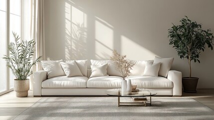 Fototapeta premium A minimalist living room with a white sofa and a simple glass coffee table, decorated with light-colored cushions and potted plants in the corner of the room to add freshness.