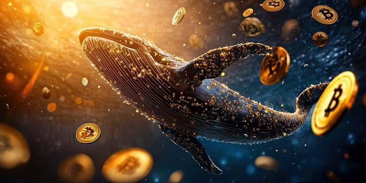 A giant whale emerging from a digital ocean with Bitcoin logos embedded on its skin, symbolizing the power and dominance of large investors dictating the Bitcoin market.