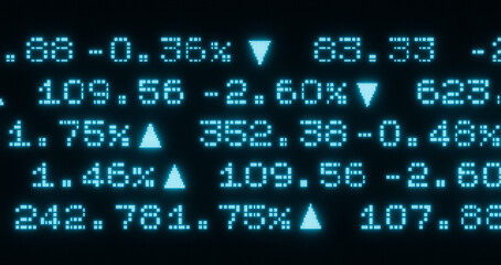 Stock market and exchange price ticker with percentage changes. Investment, business, market research, trading, financial figures. Abstract concept, illustration.
