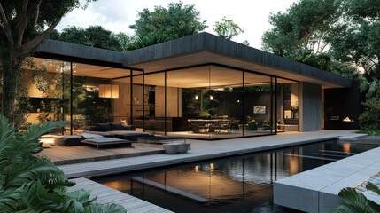 Fototapeta premium A modern house that uses mainly black and white tones. Glass walls open to reveal a small garden and swimming pool. Luxurious and modern atmosphere.