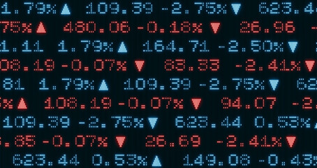 Stock market price ticker with percentage changes in red and blue. Investment, business, market research, trading, financial figures. Abstract concept, illustration.