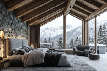 Cozy modern chalet bedroom with stunning mountain views during winter surrounded by snow-covered trees