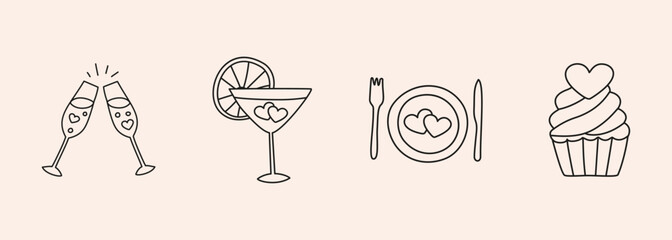 Wedding hand drawn doodle icon set - glasses, drink, cocktail, food table setting, cupcake. Sketch in organic style vector marriage symbol on white background for festive decoration invitation, card.