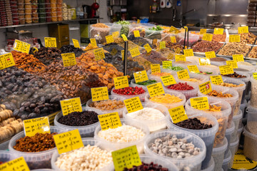 Seeds, nuts, dried fruits, sweet goods, snacks. Haagse Market in The Hague, Netherlands.
