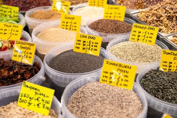 Different types of seeds. Haagse Market in The Hague, Netherlands.