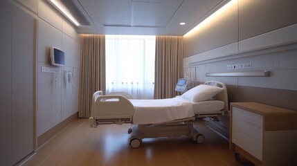 A patient room with an electric bed and modern medical equipment. The walls are clean white and the curtains are designed to look simple and relaxing.