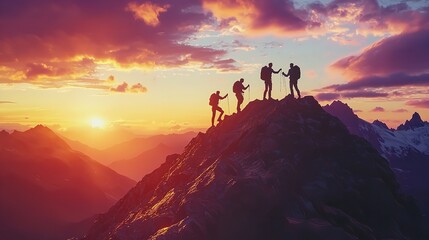 Silhouette of Male Hiker Groups Celebrating Success on Mountain Top