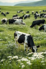 Peaceful Pastoral Scene with Grazing Black and White Cows Amidst Vibrant Green Fields and Colorful Wildflowers Under Open Sky in Beautiful Natural Landscape