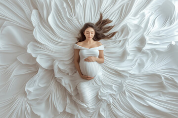 Elegant pregnant woman in white dress posed against a textured white background in soft light
