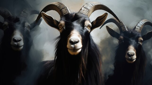 Majestic Black Rams with Twisted Horns Exuding Confidence in a Mysterious Atmosphere Surrounded by Soft Smoke and Shadows