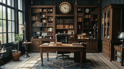 A vintage study decorated with an antique wooden table, a dark fabric chair and a bookcase full of antique decorations. The walls are decorated with an antique wall clock.
