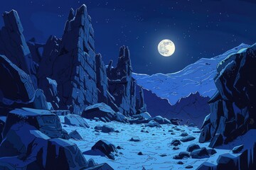 Fototapeta premium A Nighttime Landscape with Rocky Cliffs and a Full Moon