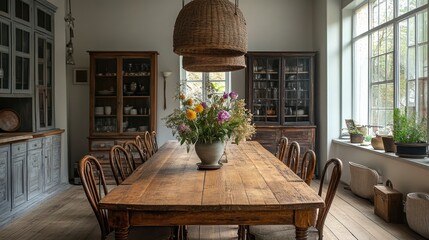 Dining room decorated in vintage style with long wooden table and antique design chairs. Large hanging lamps and fresh flowers add warmth.