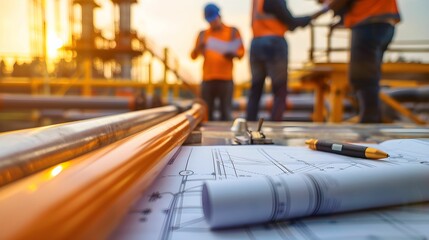 Fototapeta premium Construction workers collaborate on site at sunset with blueprints and tools in focus