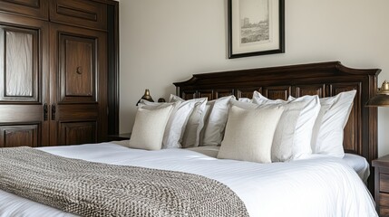 Hotel bedroom with dark wood furniture and simple white walls. Soft bed with many pillows and a bedside lamp.