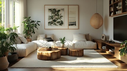 Living room decorated in Scandinavian style, warm wooden furniture, white carpet and cushions add comfort, with potted plants adding freshness.
