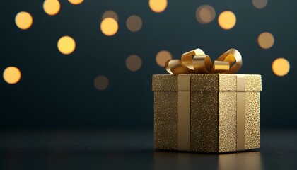 Golden Gift Box with Festive Lights on a Black Background