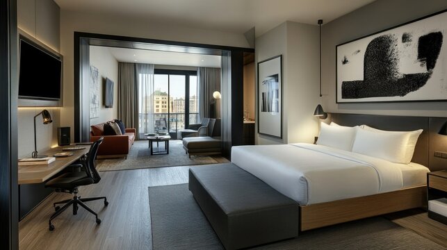 Modern hotel room with a sitting area and a work desk. Decorated in simple tones and modern furniture. The walls are decorated with black and white art.