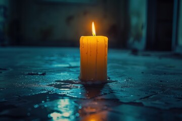Candle that is sitting on a wet surface